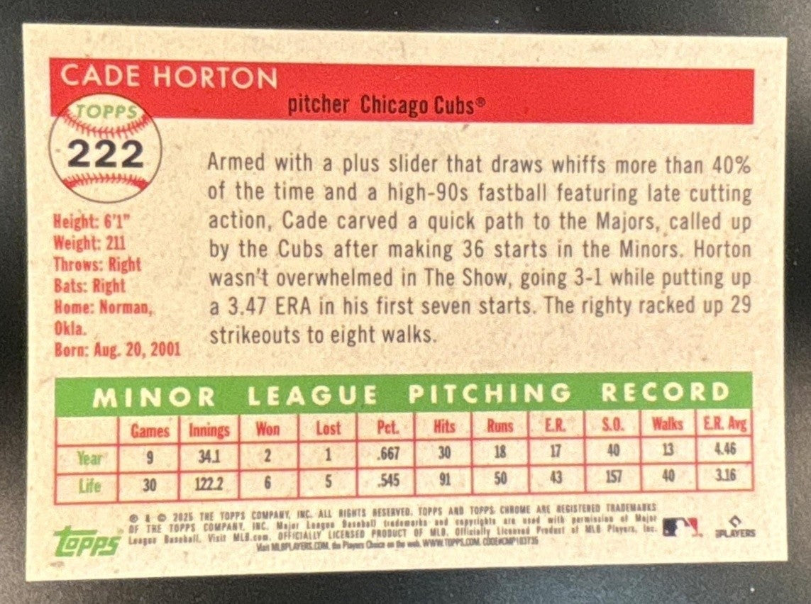 2025 Topps Chrome Platinum Anniversary Cade Horton Toile Cream/Black /10 RC Cubs - Sports Cards
