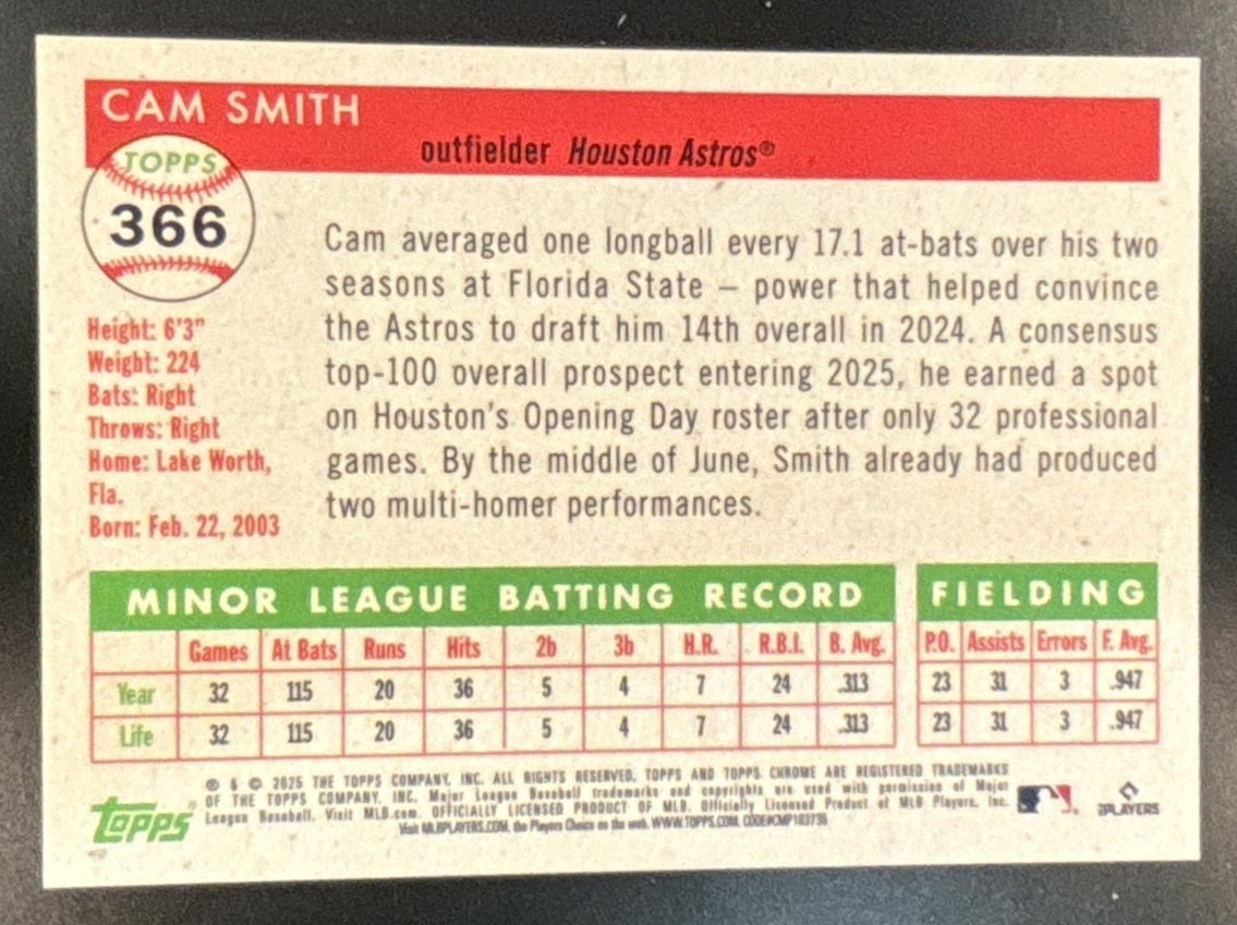 2025 Topps Chrome Platinum Anniversary Cam Smith Orange /25 #366 RC Astros - Sports Cards