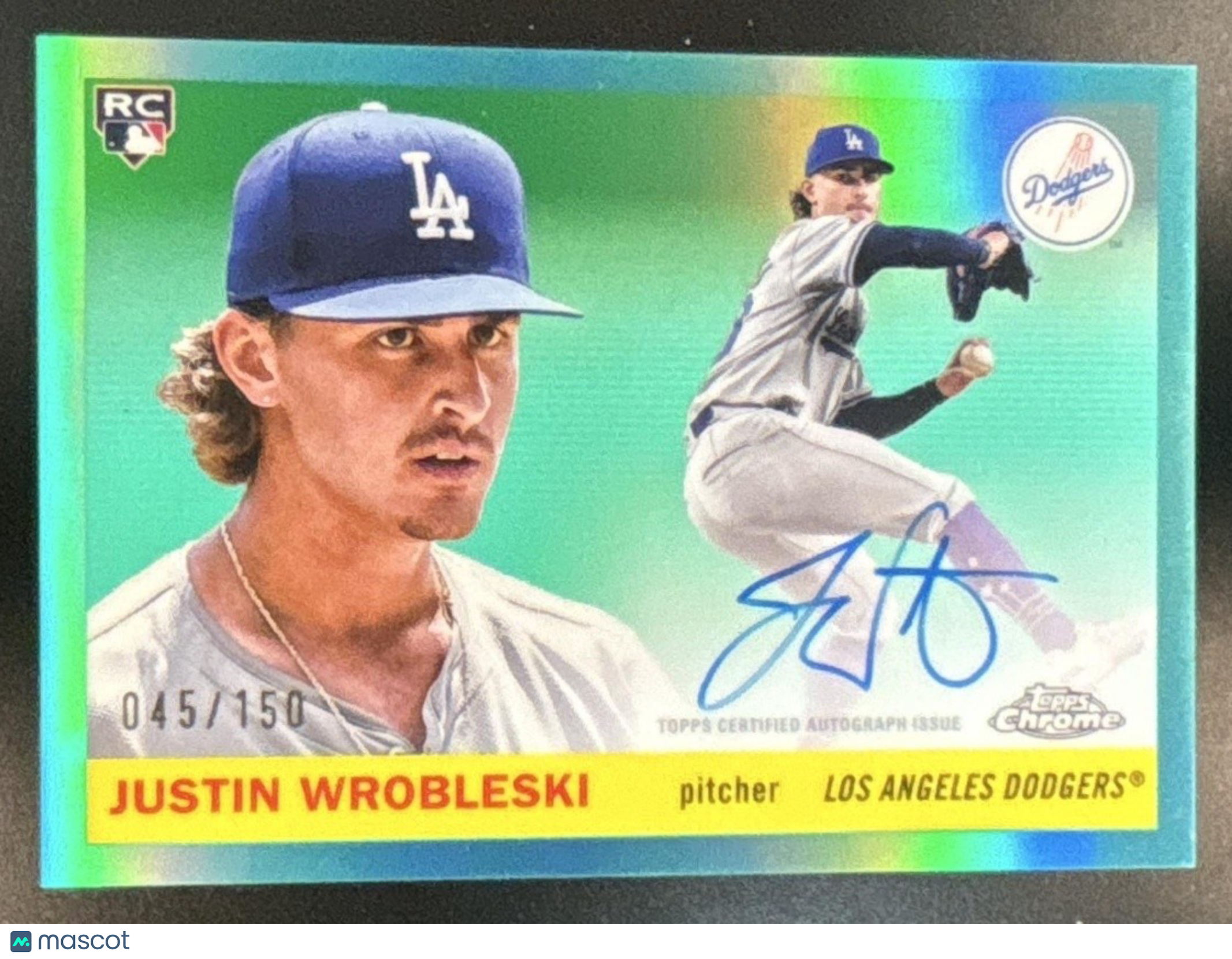 2025 Topps Chrome Platinum Anniversary Justin Wrobleski Auto Aqua /150 RC Dodger - Sports Cards