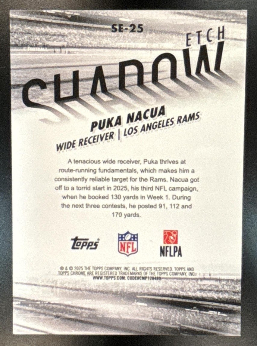 2025 Topps Chrome Puka Nacua Shadow Etch Gold /50 #SE-25 SP Los Angeles Rams - Sports Cards