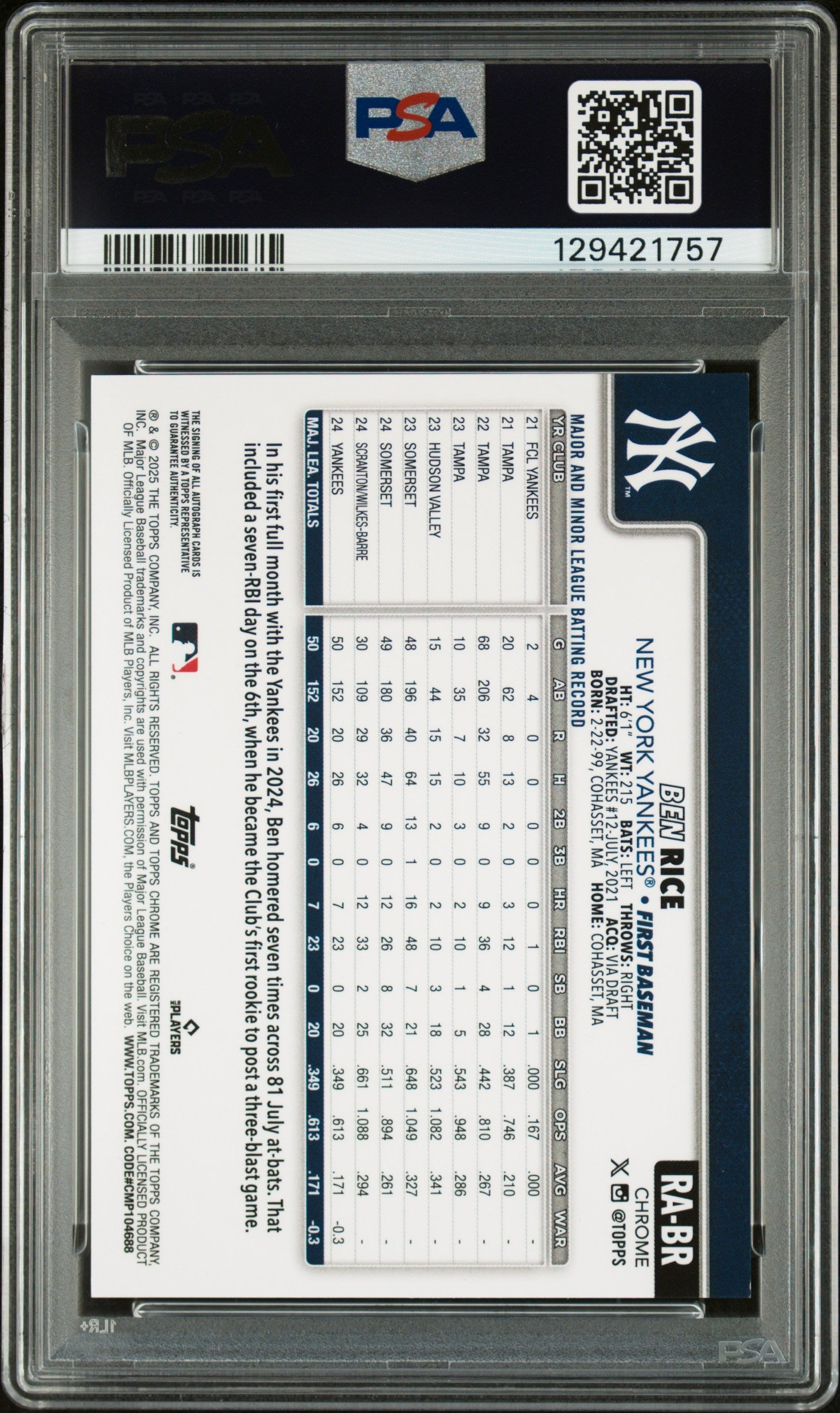 2025 Topps Chrome Rookie Auto Ben Rice Rookie PSA 9