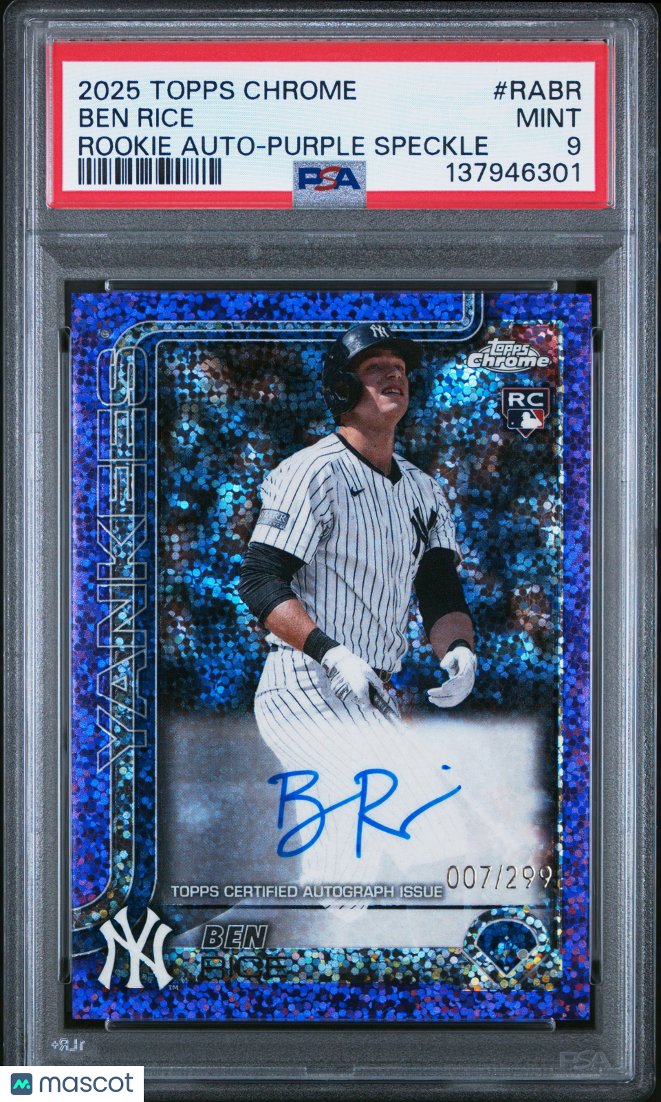 2025 Topps Chrome Rookie Autographs Ben Rice Purple Speckle Rookie /299 PSA 9 - Graded Sports Cards