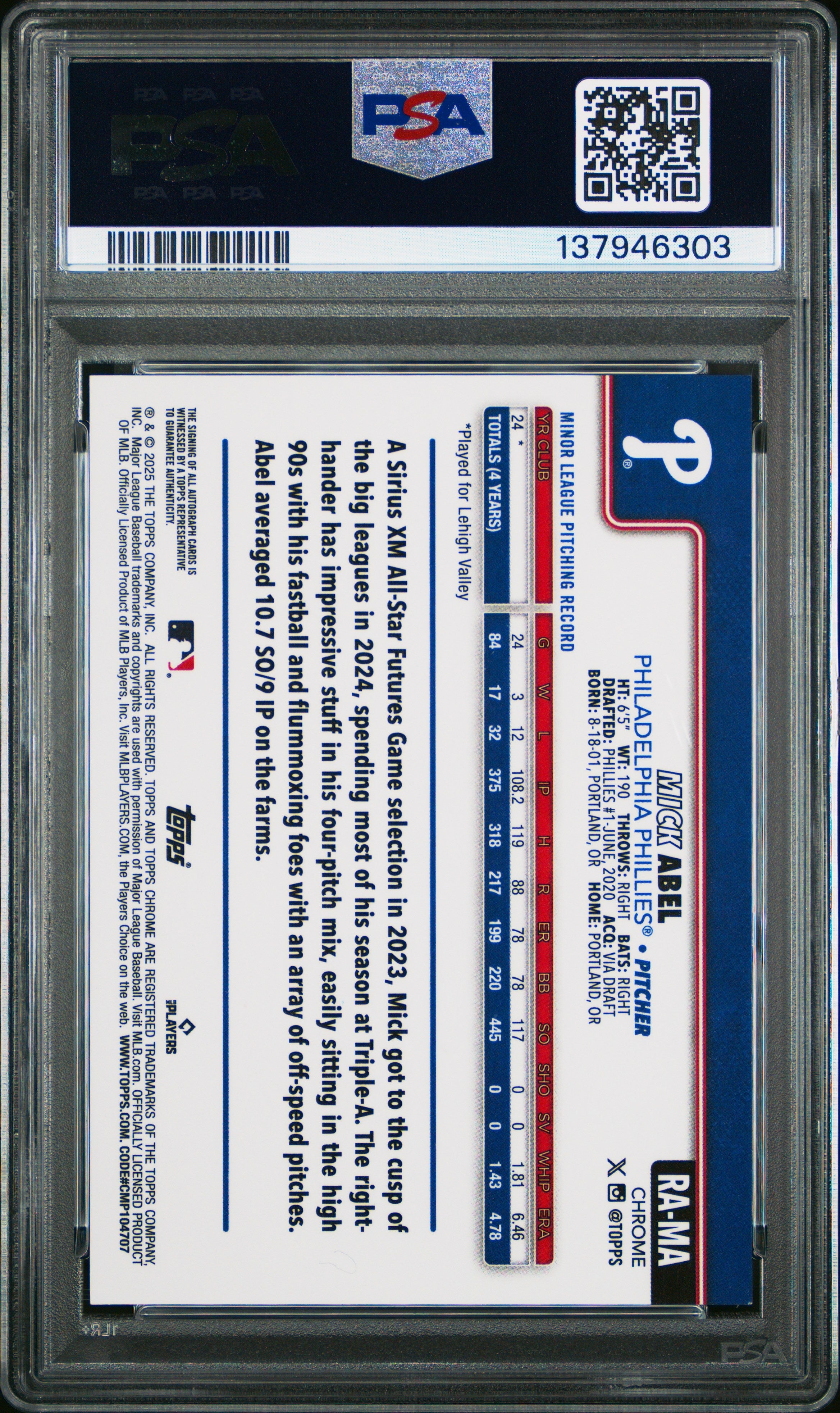 2025 Topps Chrome Rookie Autographs Mick Abel B&W Mini Diamond Rookie PSA 9 MINT - Graded Sports Cards