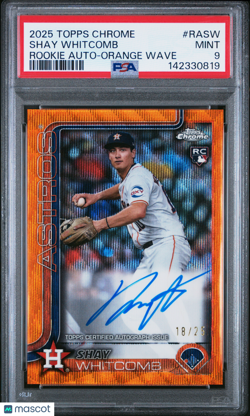2025 Topps Chrome Rookie Autographs Shay Whitcomb Orange Wave 18/25 PSA 9 MINT - Graded Sports Cards