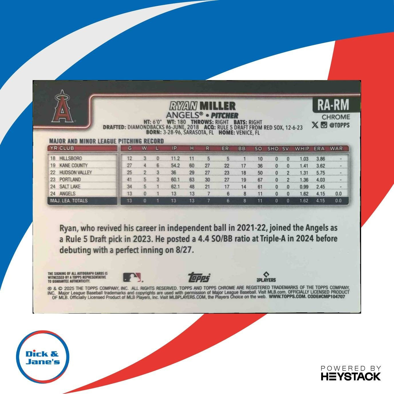 2025 Topps Chrome Ryan Miller Rookie Auto Aqua Wave /199 RC Los Angeles Angels - Sports Cards