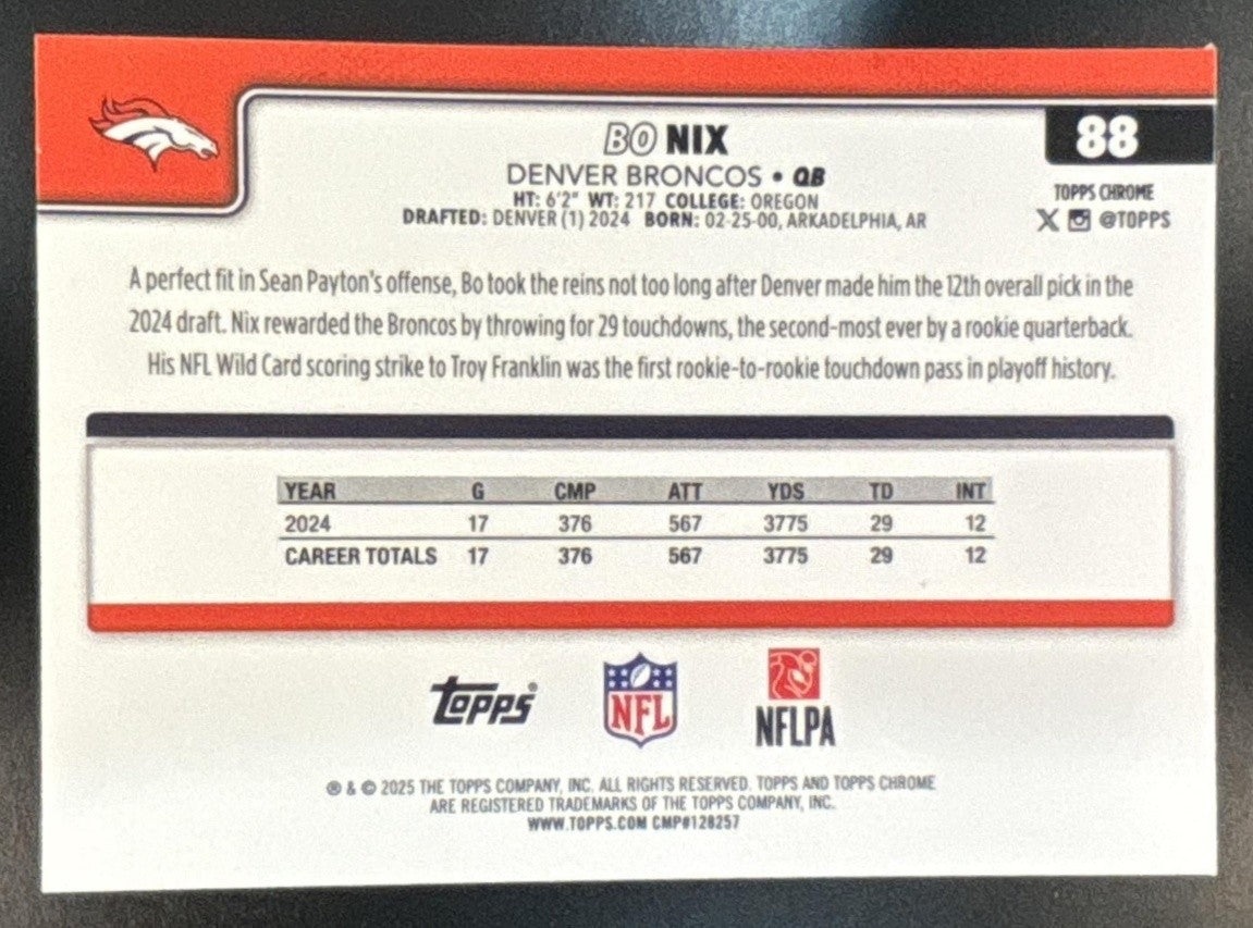 2025 Topps Chrome Sapphire Bo Nix #88 Denver Broncos - Sports Cards