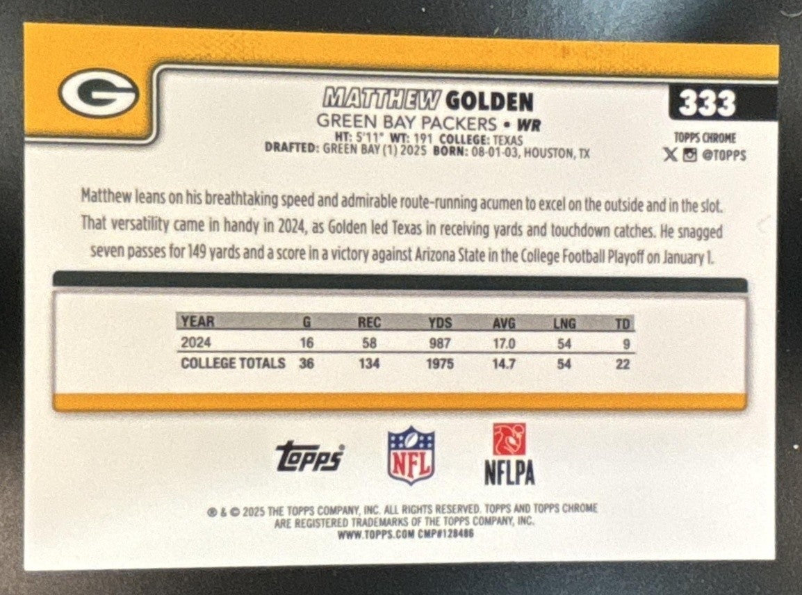 2025 Topps Chrome Sapphire Matthew Golden Image Variation Gold /50 SP RC VAR - Sports Cards
