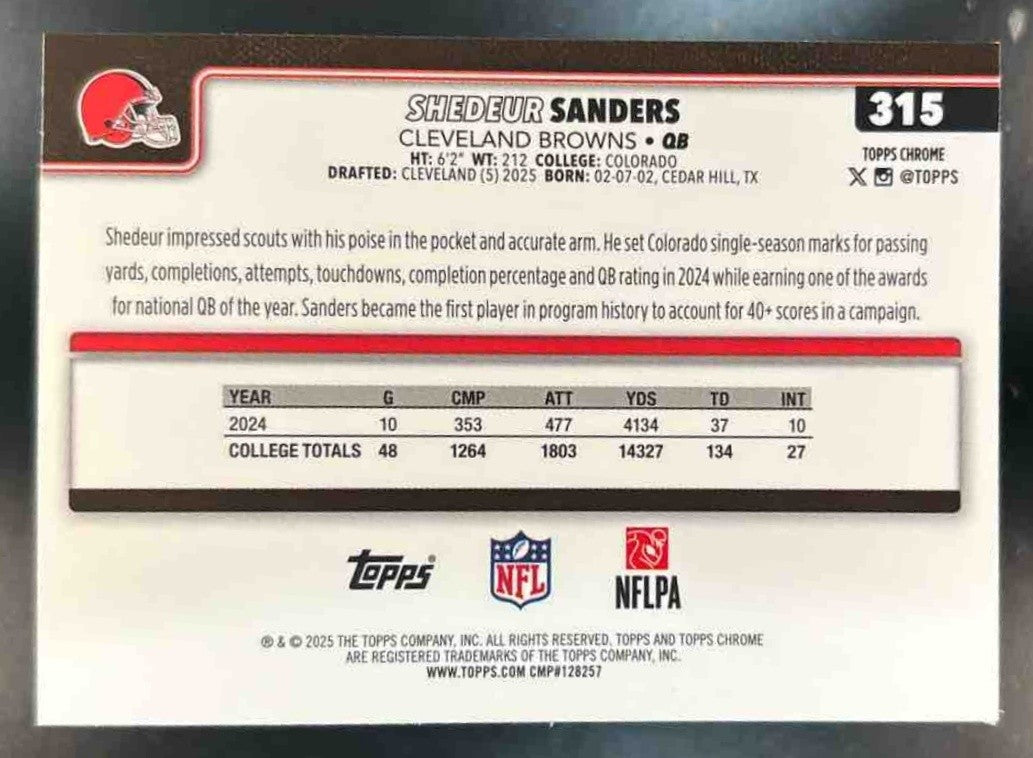 2025 Topps Chrome Shedeur Sanders Rookie Red/White/Blue #315 RC Cleveland Browns - Sports Cards