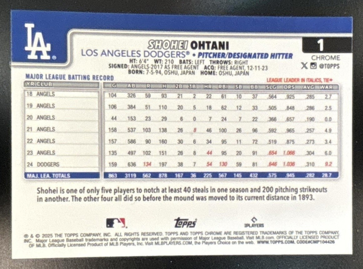 2025 Topps Chrome Shohei Ohtani #1 Los Angeles Dodgers - Sports Cards