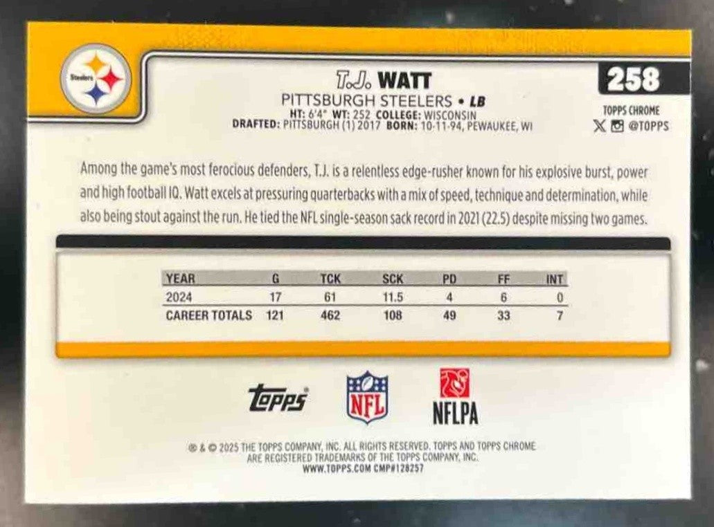 2025 Topps Chrome T.J. Watt Lime Green X-Fractor #258 Pittsburgh Steelers - Sports Cards