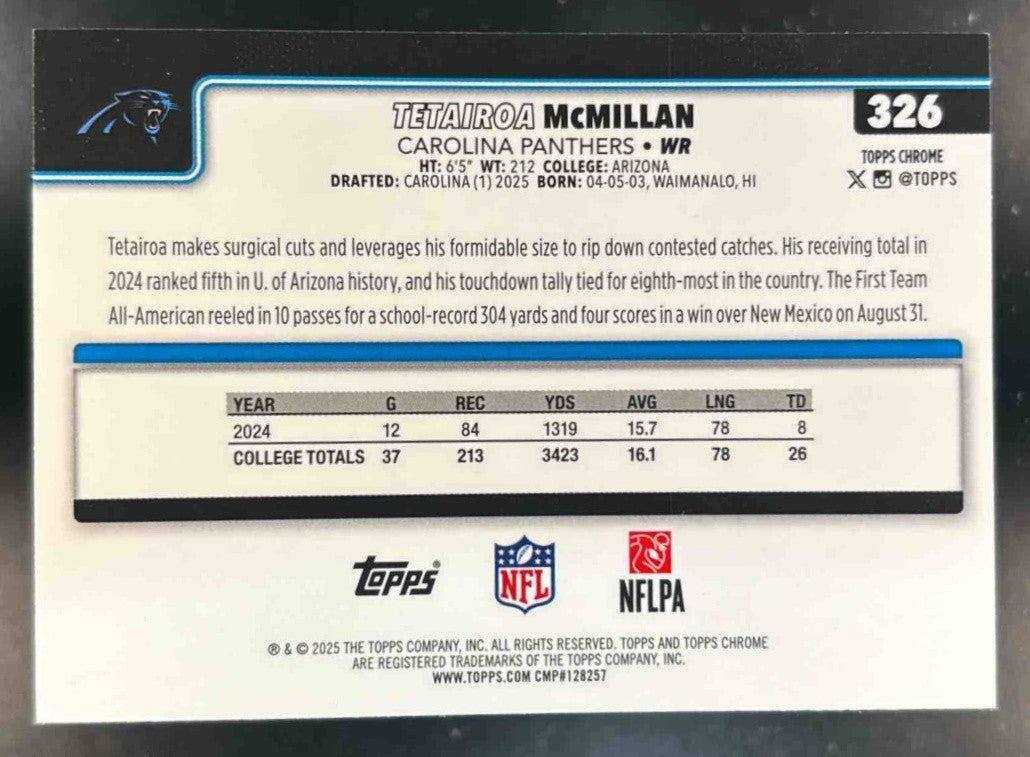 2025 Topps Chrome Tetairoa McMillan Lime Green X-Fractor #326 RC Panthers - Sports Cards