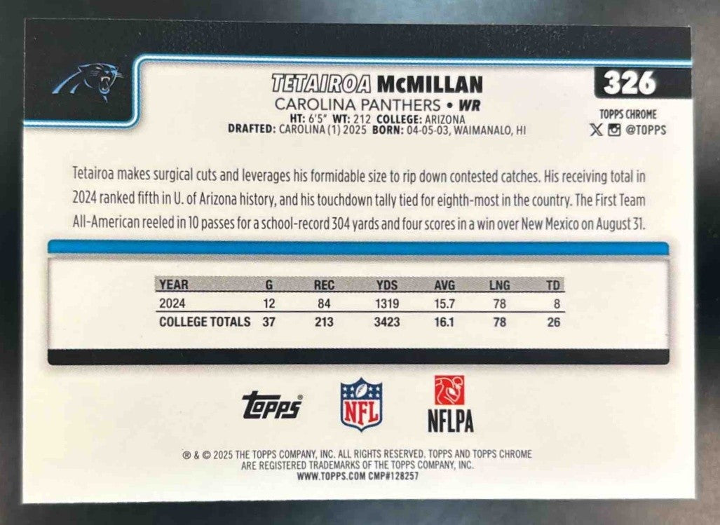 2025 Topps Chrome Tetairoa McMillan RayWave Refractor #326 RC Carolina Panthers - Sports Cards