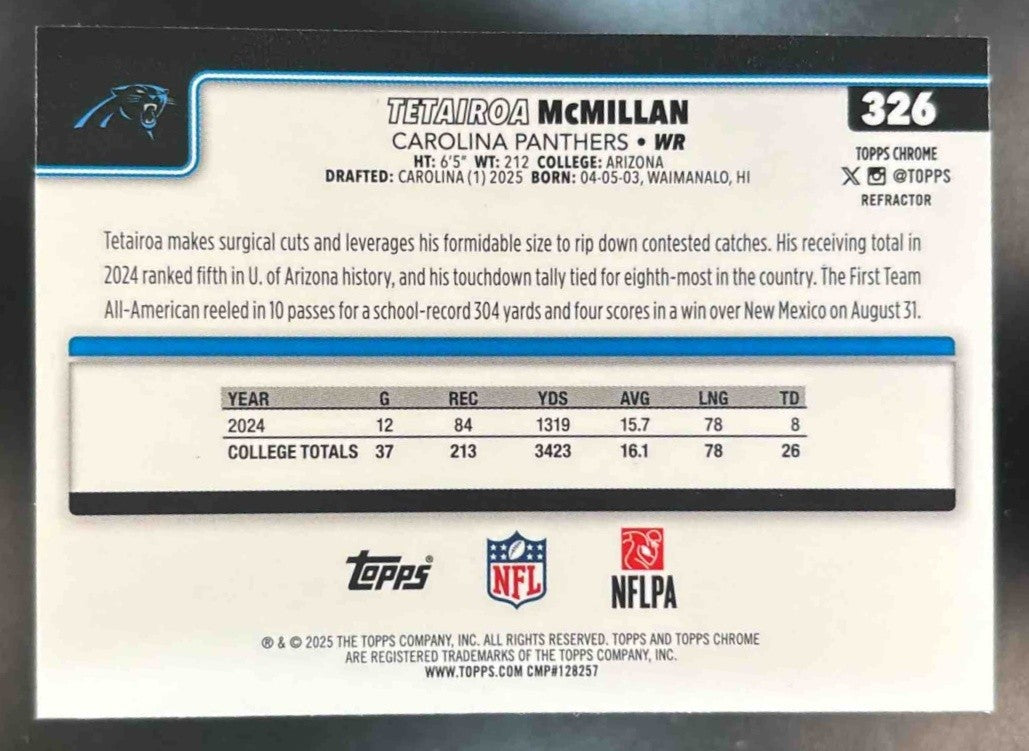 2025 Topps Chrome Tetairoa McMillan Rookie Refractor #326 RC Carolina Panthers - Sports Cards