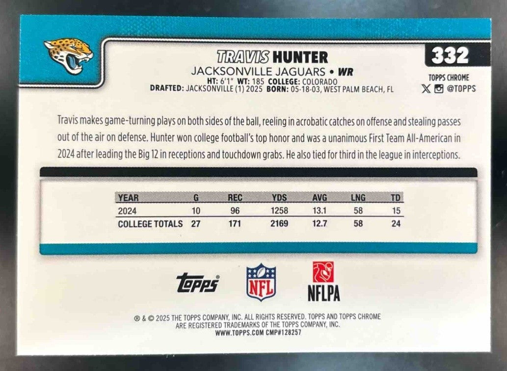 2025 Topps Chrome Travis Hunter Pulsar Refractor #332 RC Jacksonville Jaguars - Sports Cards