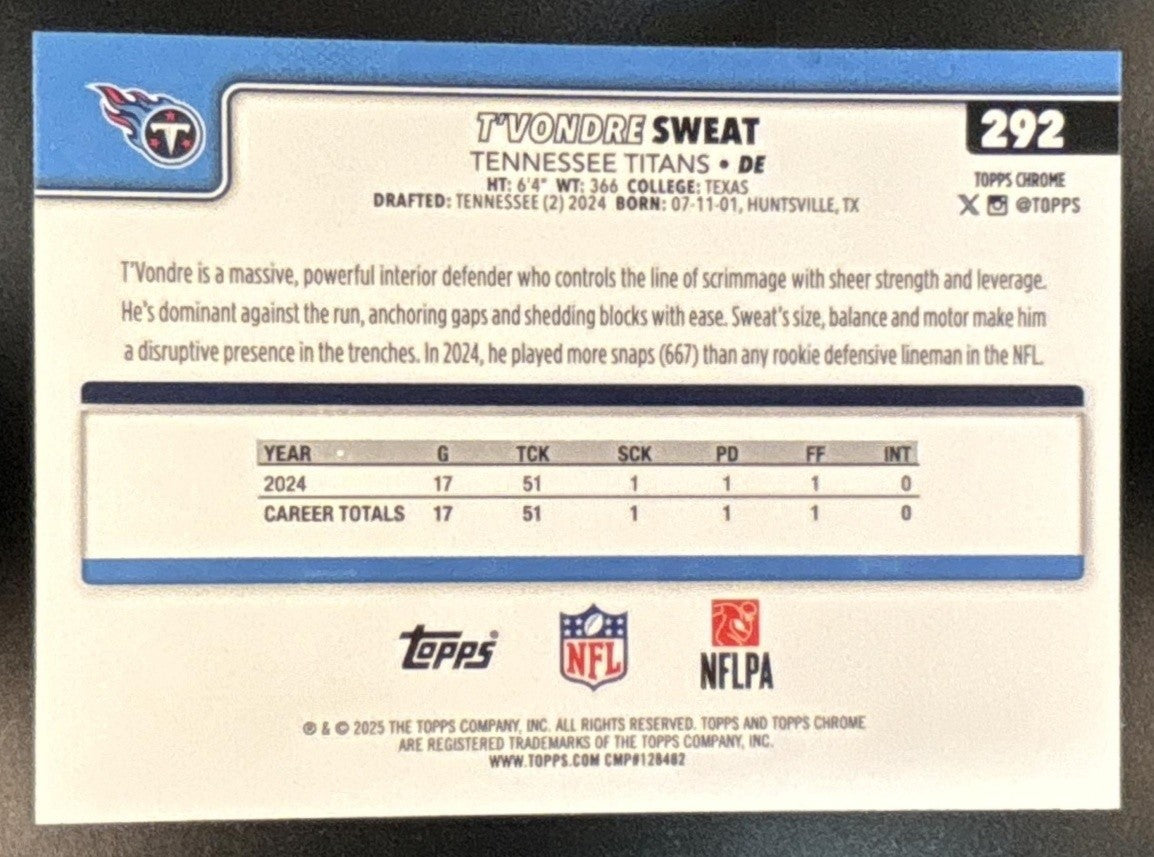 2025 Topps Chrome T’Vondre Sweat Lightboard Logo Variation #292 Tennessee Titans - Sports Cards