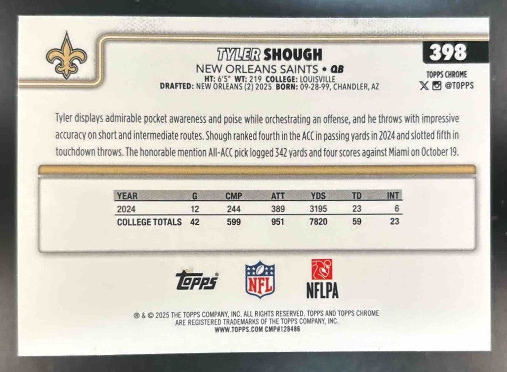 2025 Topps Chrome Tyler Shough Image Variation #398 SP RC New Orleans Saints - Sports Cards