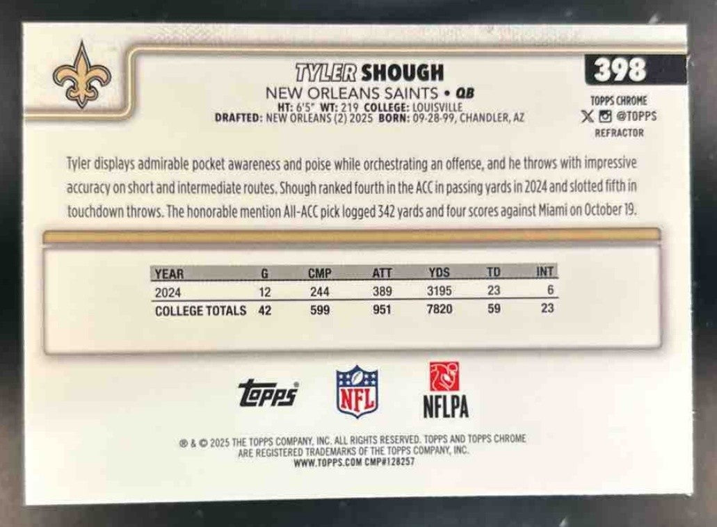 2025 Topps Chrome Tyler Shough Refractor RC New Orleans Saints - Sports Cards