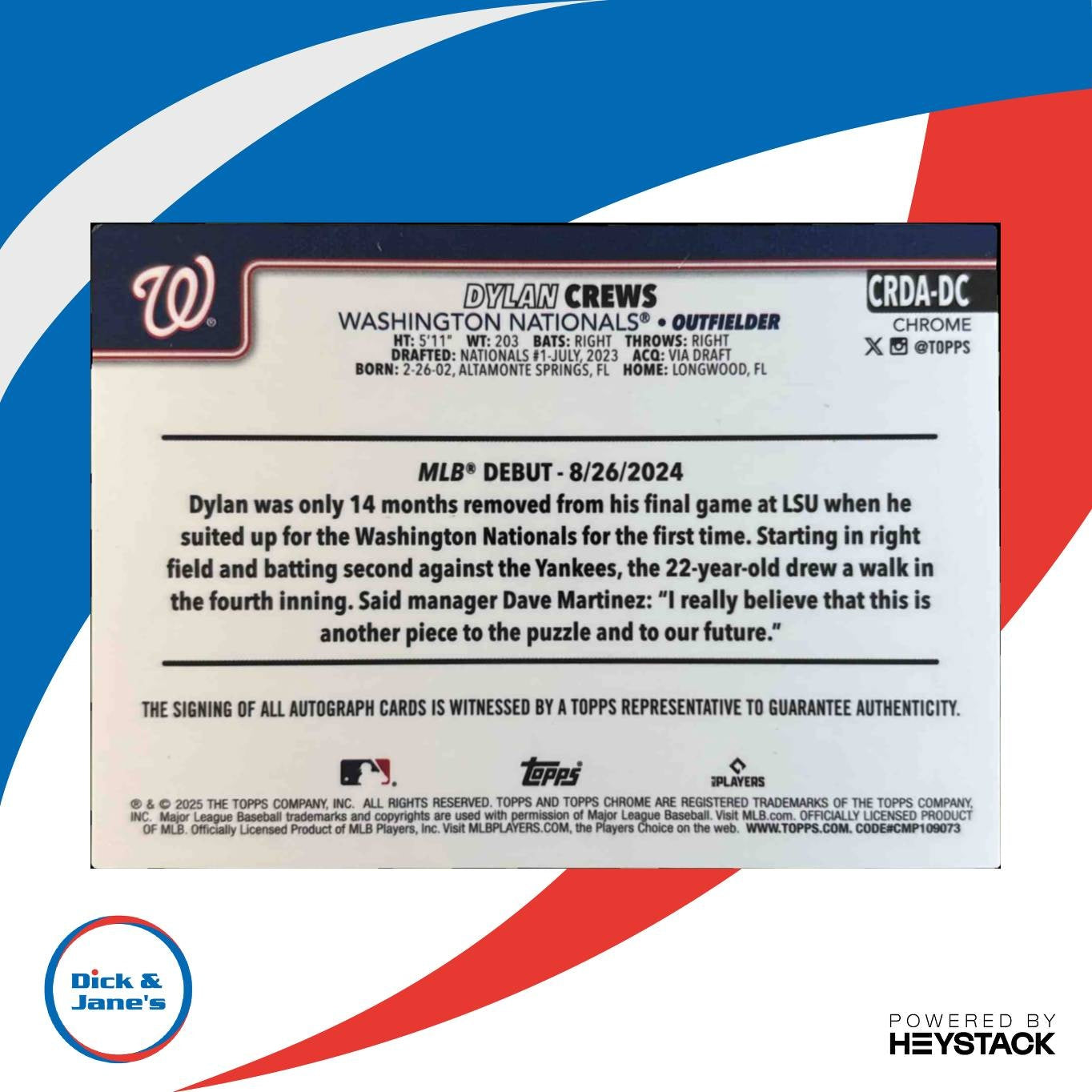 2025 Topps Chrome Update Dylan Crews Rookie Auto True Blue Refractor 19/150 RC - Sports Cards