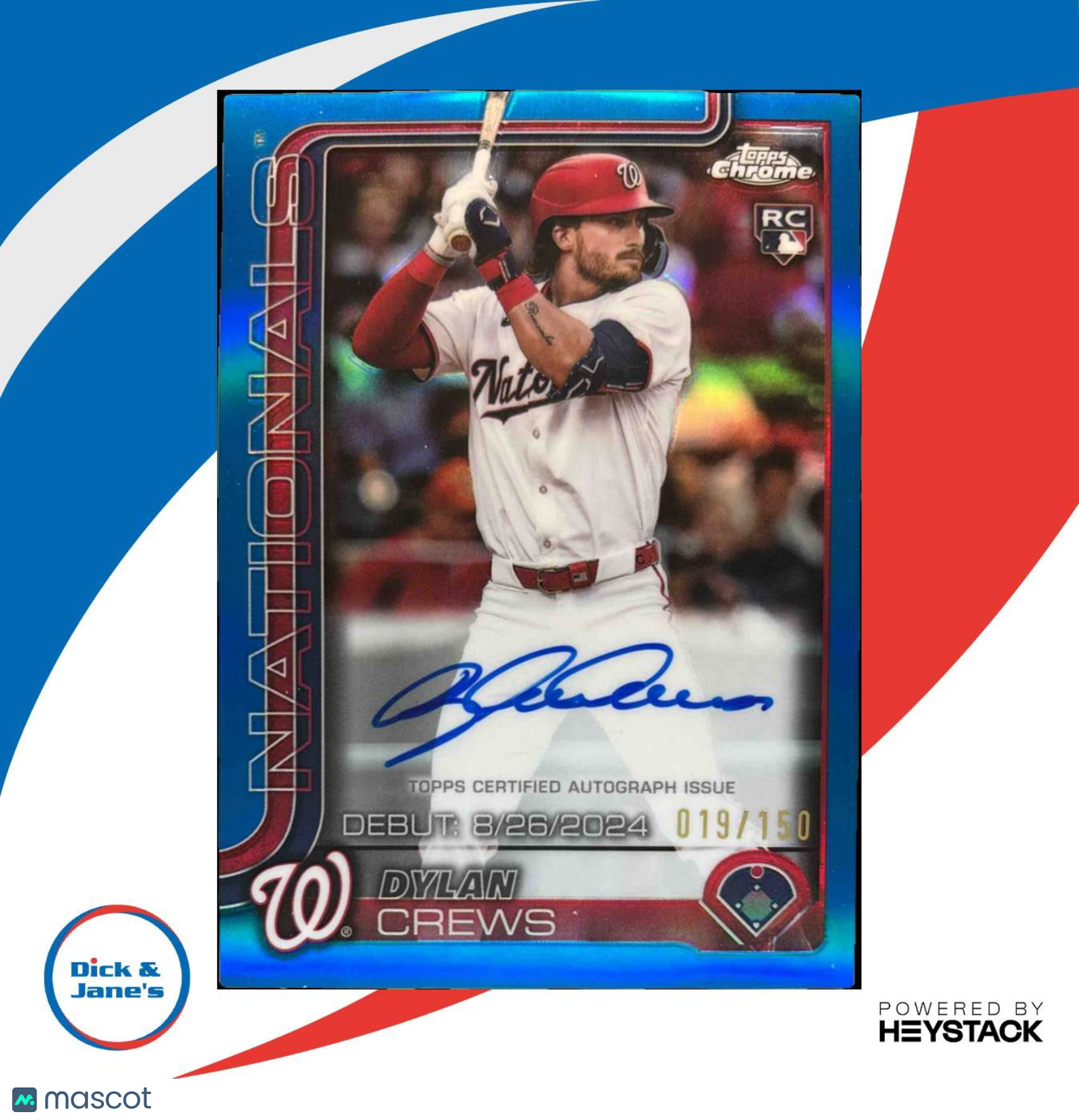 2025 Topps Chrome Update Dylan Crews Rookie Auto True Blue Refractor 19/150 RC - Sports Cards