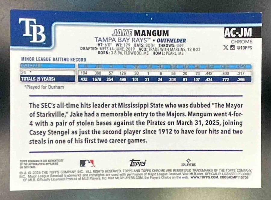 2025 Topps Chrome Update Jake Mangum #AC-JM Auto Red Wave Refractor 1/5 RC Rays - Sports Cards