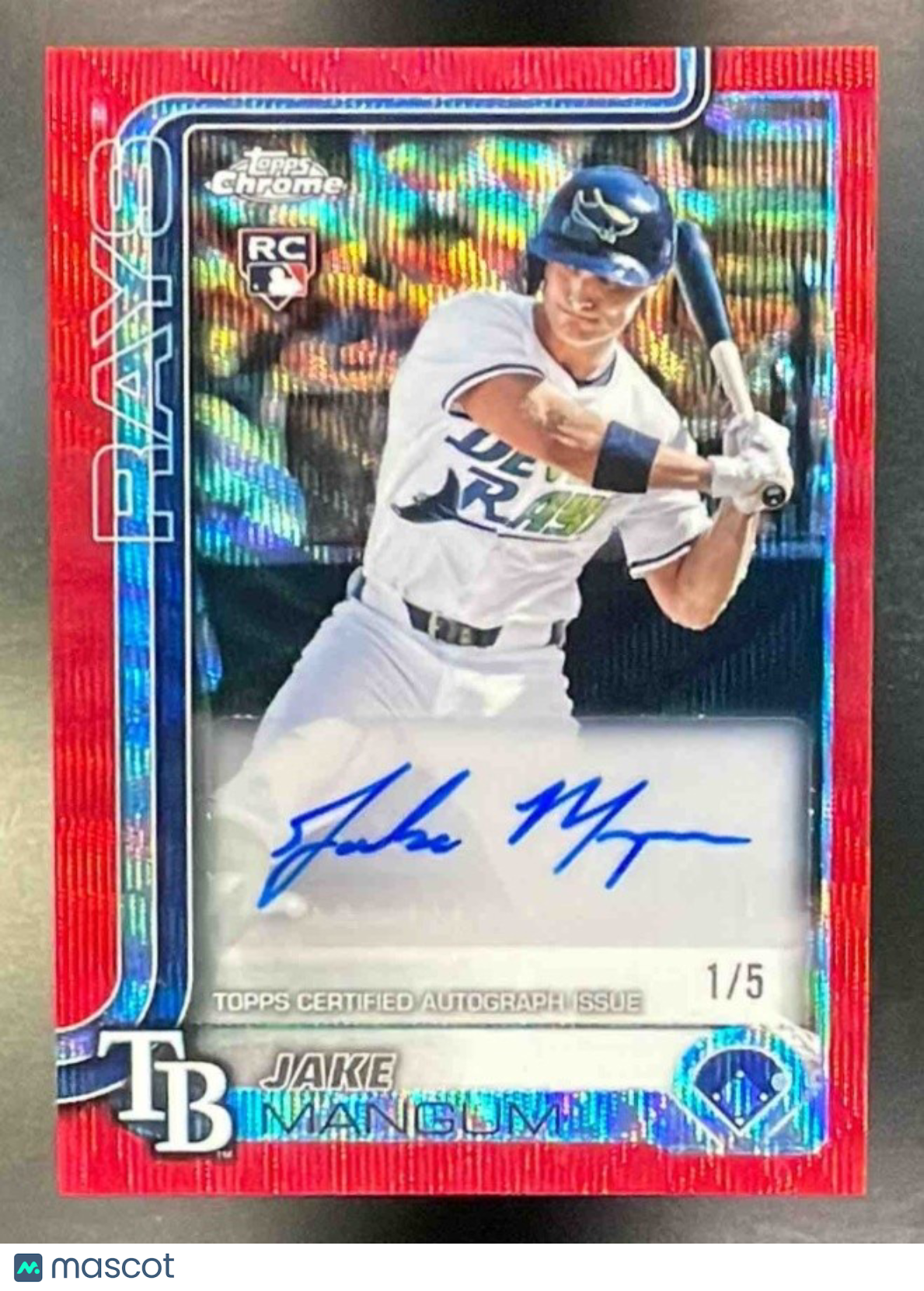 2025 Topps Chrome Update Jake Mangum #AC-JM Auto Red Wave Refractor 1/5 RC Rays - Sports Cards