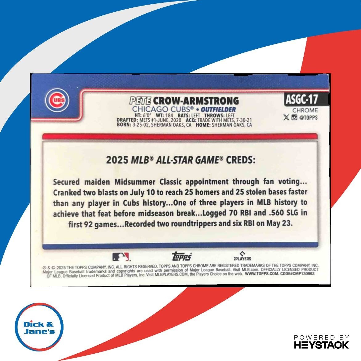 2025 Topps Chrome Update Pete Crow-Armstrong All-Star Game Image Variation SSP - Sports Cards