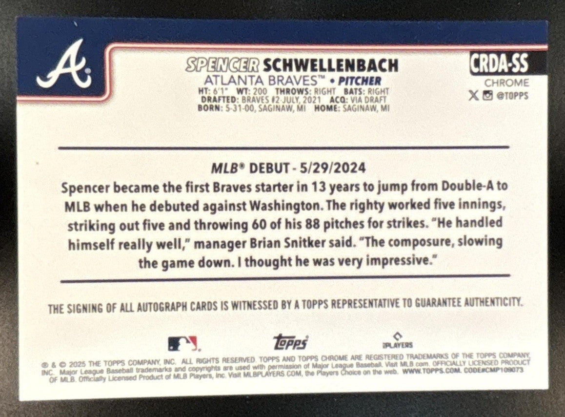 2025 Topps Chrome Update Spencer Schwellenbach Rookie Debut Auto Blue /150 RC - Sports Cards