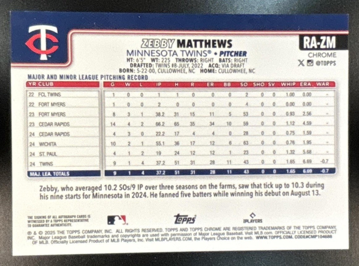 2025 Topps Chrome Update Zebby Matthews Lava Lamp Auto Gold/Orange /85 RC Twins - Sports Cards