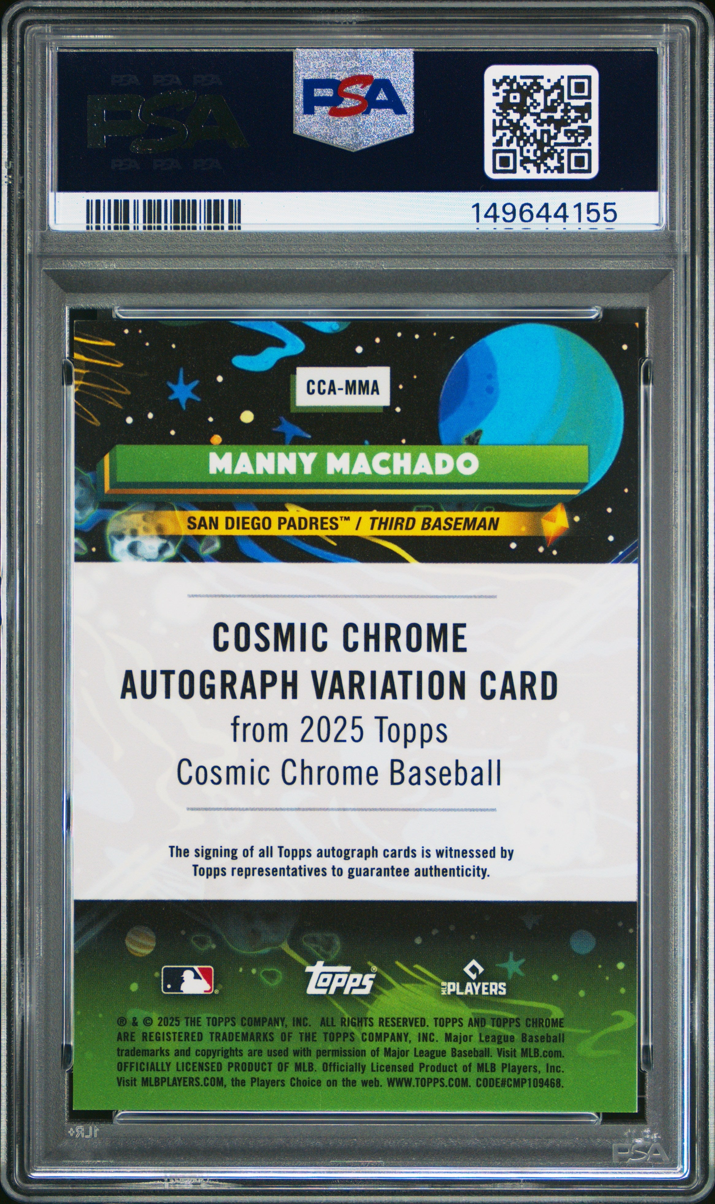 2025 Topps Cosmic Chrome Auto Manny Machado Green Space Dust 17/75 PSA 10 GEM - Graded Sports Cards