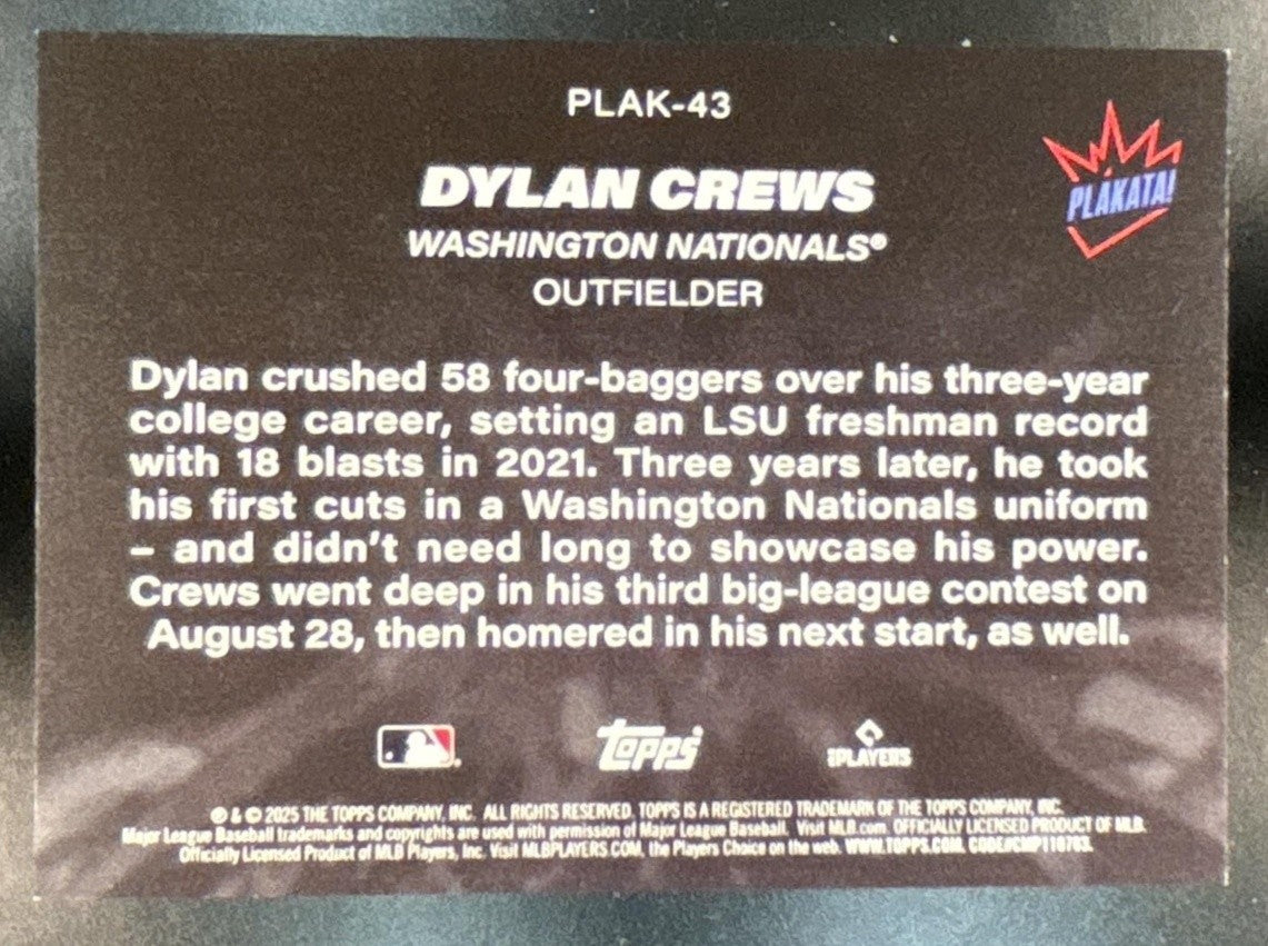 2025 Topps Dylan Crews Plakata Series 2 #PLAK-43 RC Washington Nationals - Sports Cards