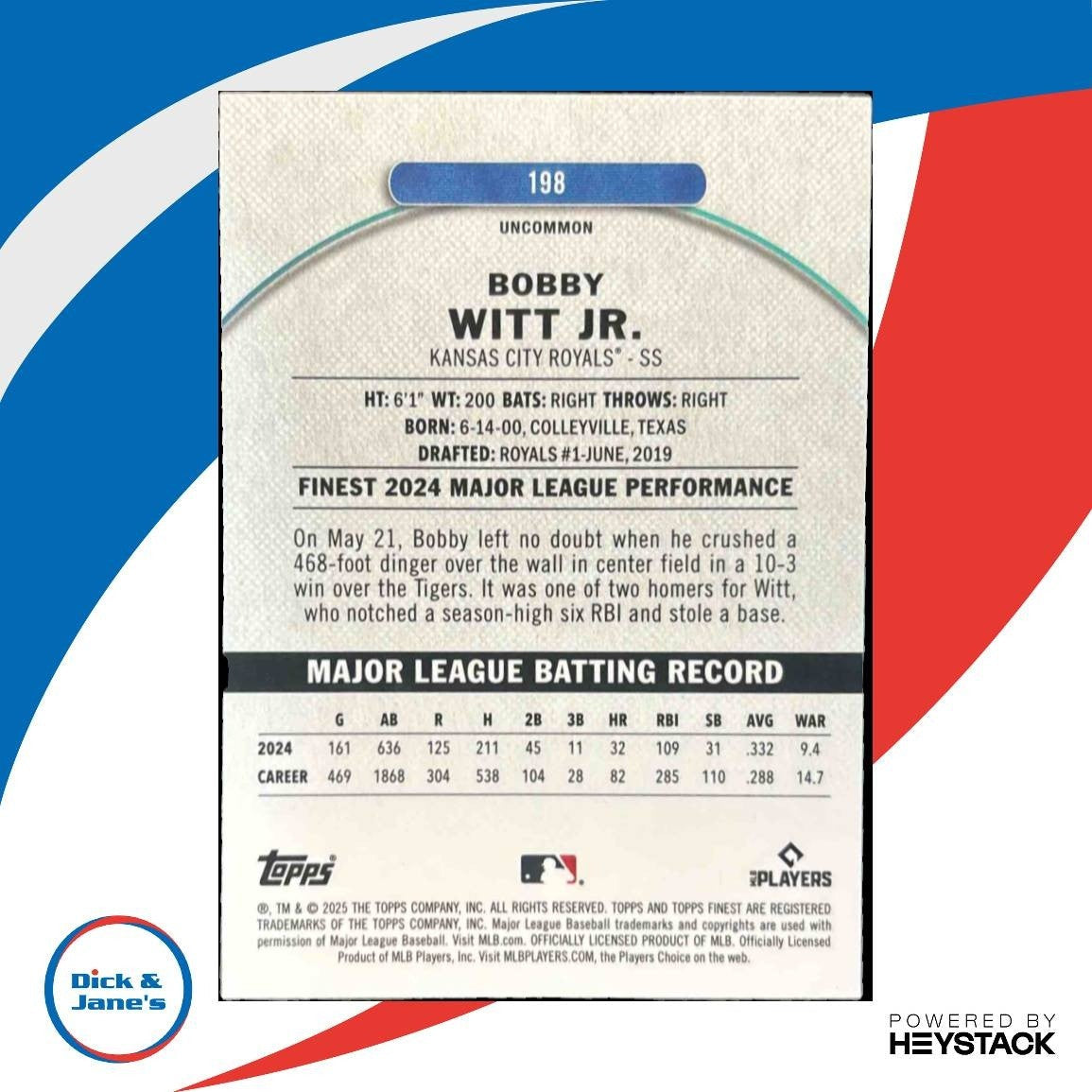2025 Topps Finest Bobby Witt Jr. Blue Refractor /150 #198 Kansas City Royals - Sports Cards