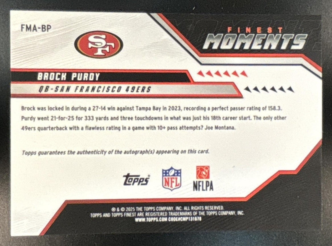 2025 Topps Finest Brock Purdy Moments Auto Gold /50 #FMA-BP San Francisco 49ers - Sports Cards