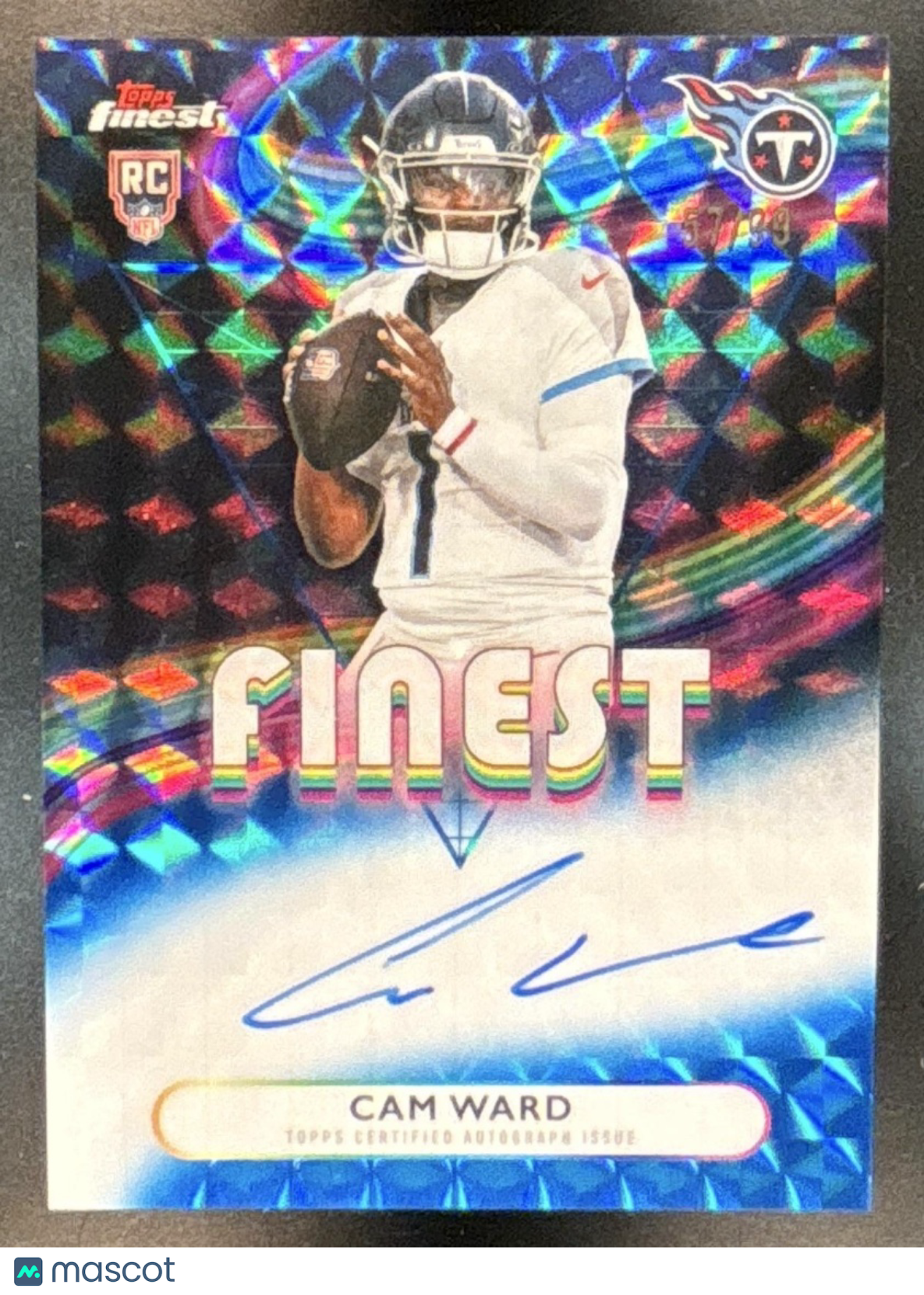 2025 Topps Finest Cam Ward Rookie Auto Blue Geometric Refractor 57/99 Titans RC - Sports Cards