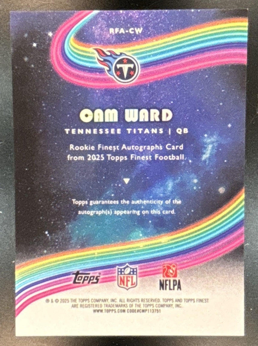 2025 Topps Finest Cam Ward Rookie Auto Blue Geometric Refractor 57/99 Titans RC - Sports Cards