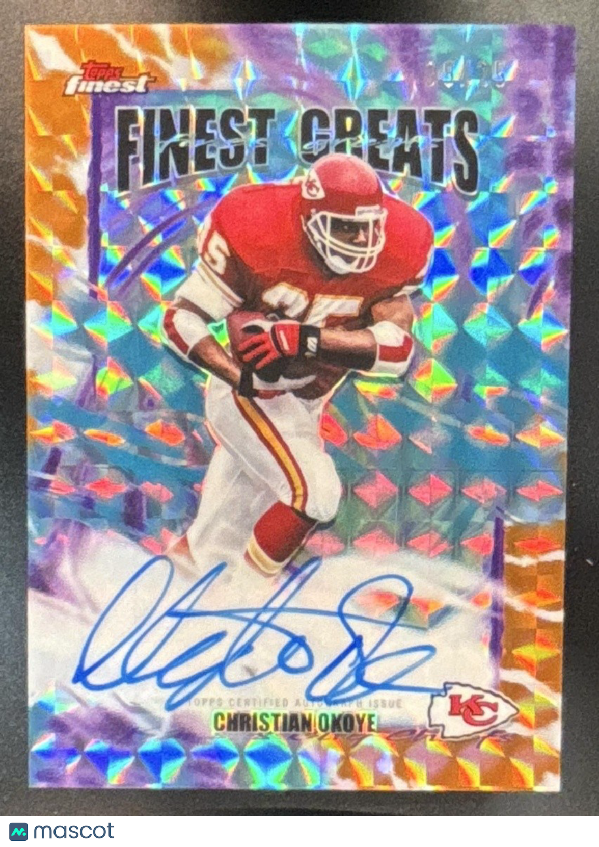 2025 Topps Finest Christian Okoye Greats Auto Orange Geometric /25 Chiefs - Sports Cards