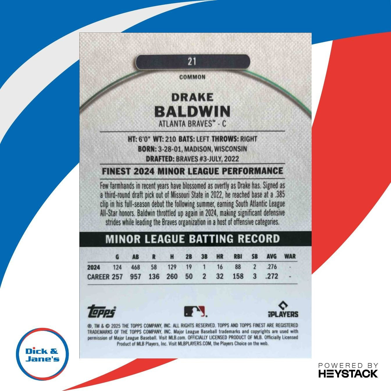 2025 Topps Finest Drake Baldwin Common Black Refractor /20 #21 RC Atlanta Braves - Sports Cards