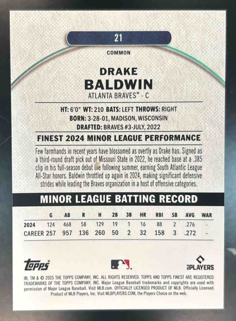 2025 Topps Finest Drake Baldwin Common RC Atlanta Braves - Sports Cards