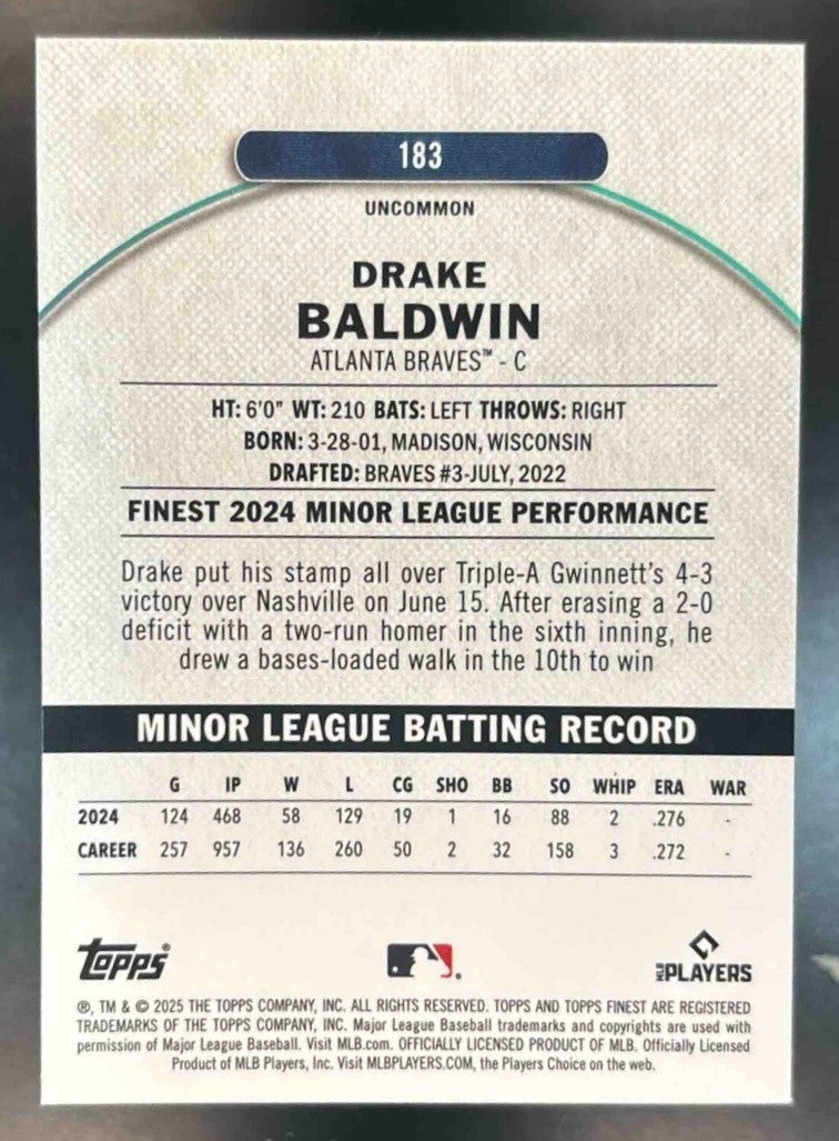 2025 Topps Finest Drake Baldwin Uncommon #183 RC Atlanta Braves - Sports Cards