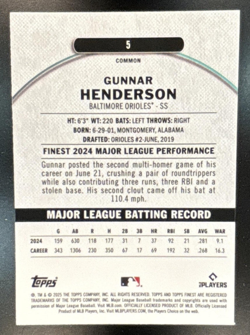 2025 Topps Finest Gunnar Henderson Sky Blue Refractor /325 #5 Baltimore Orioles - Sports Cards