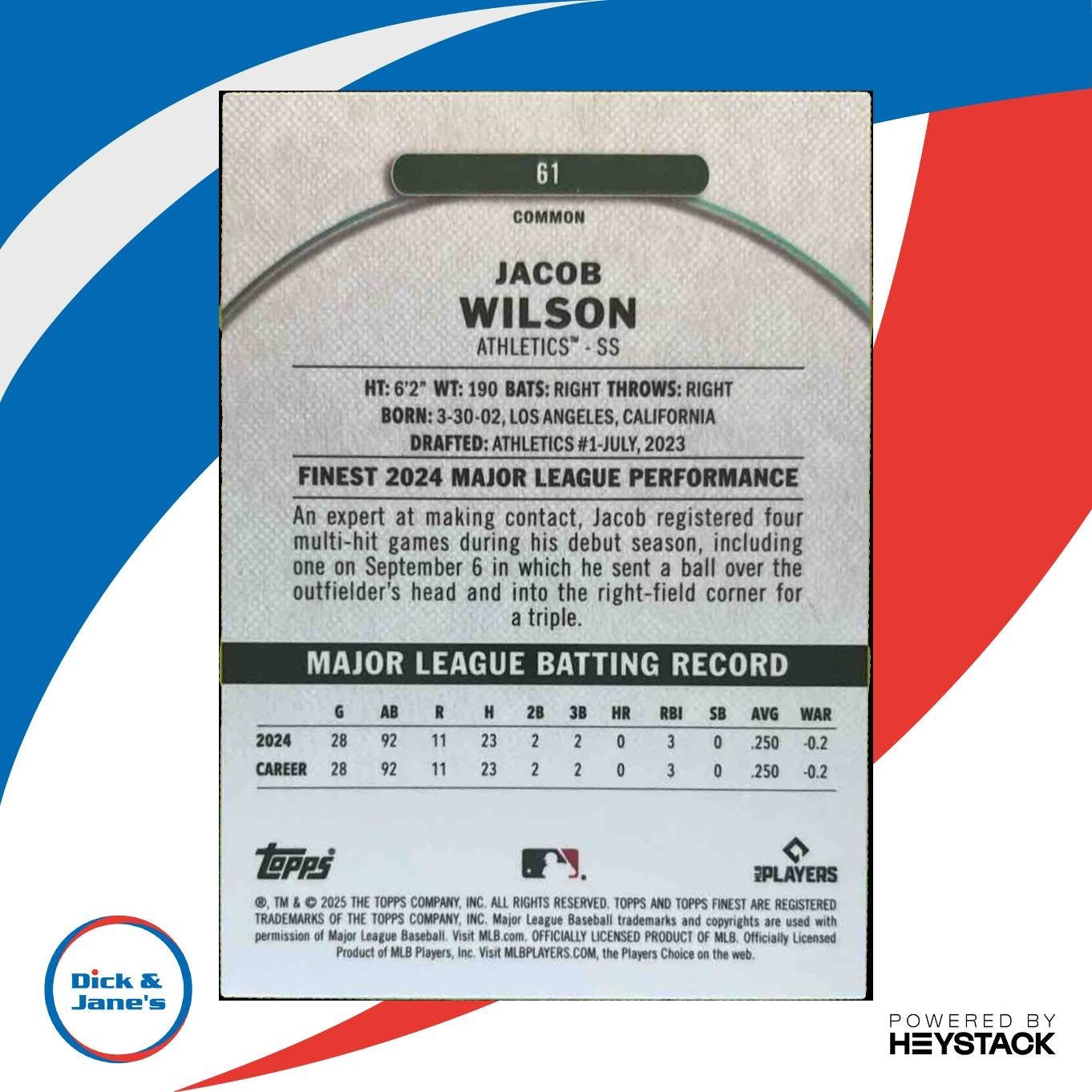 2025 Topps Finest Jacob Wilson Common X-Fractor #61 RC Athletics - Sports Cards