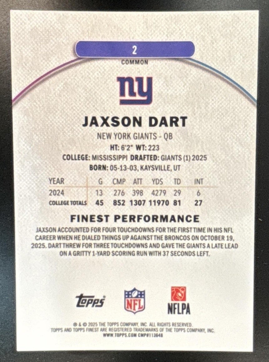 2025 Topps Finest Jaxson Dart Green Geometric Refractor /75 #2 RC Giants - Sports Cards
