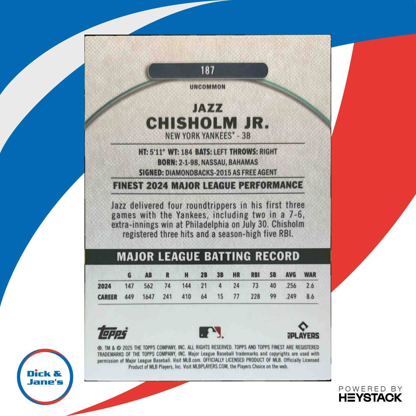2025 Topps Finest Jazz Chisholm Jr. Blue X-Fractor /75 #187 New York Yankees - Sports Cards