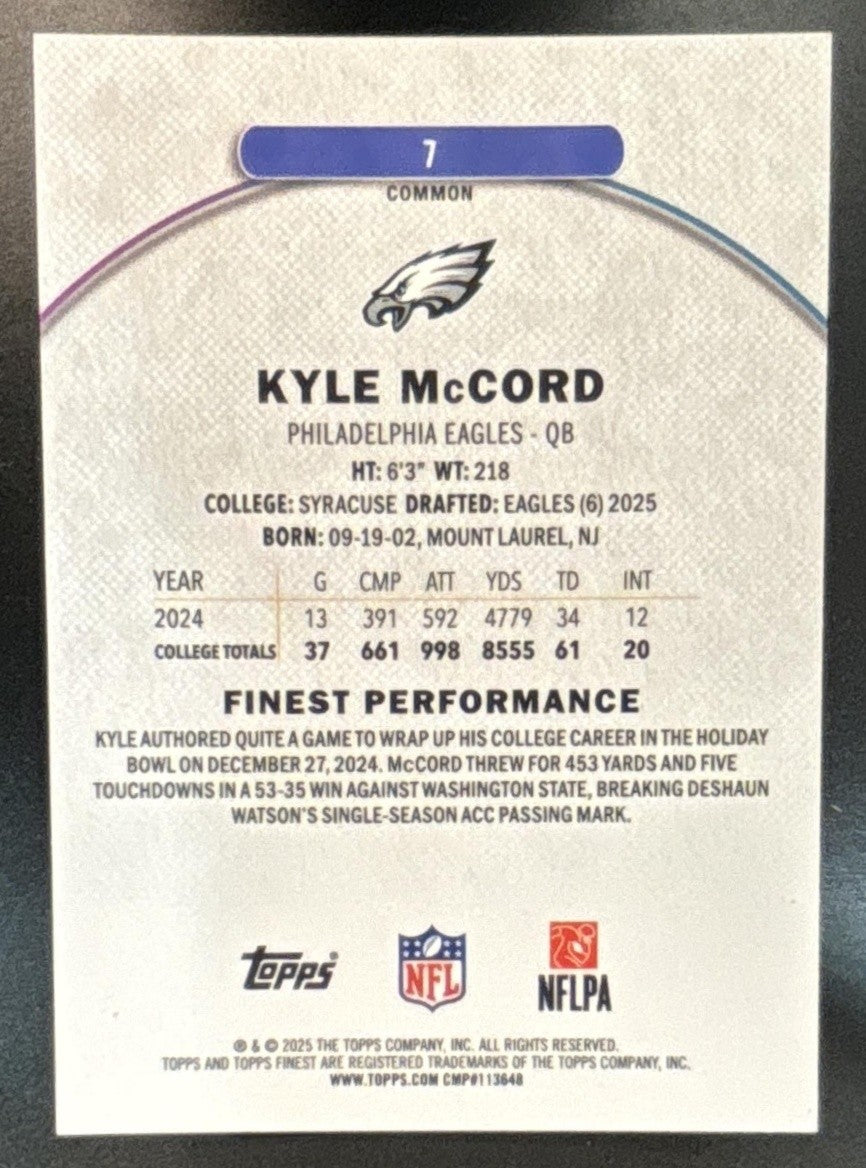 2025 Topps Finest Kyle McCord Black Refractor /20 #7 RC Philadelphia Eagles - Sports Cards