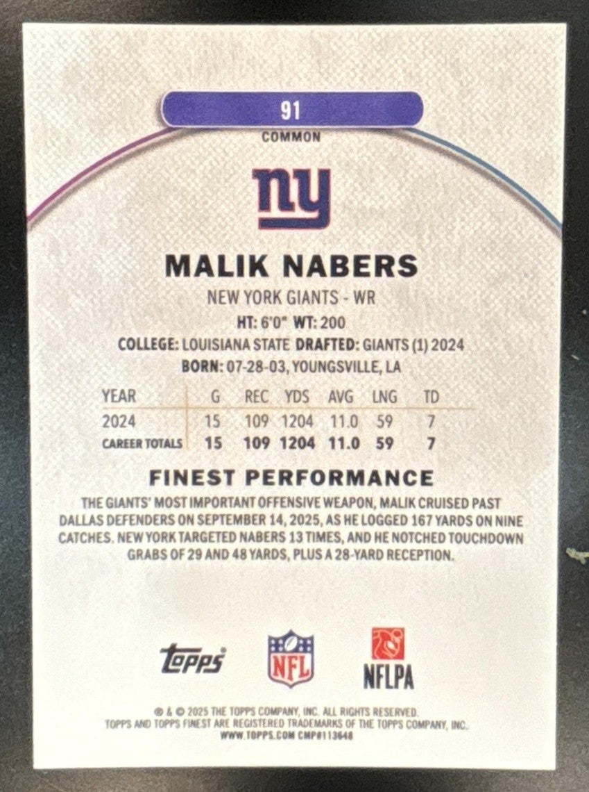 2025 Topps Finest Malik Nabers Green Geometric Refractor /75 #91 New York Giants - Sports Cards