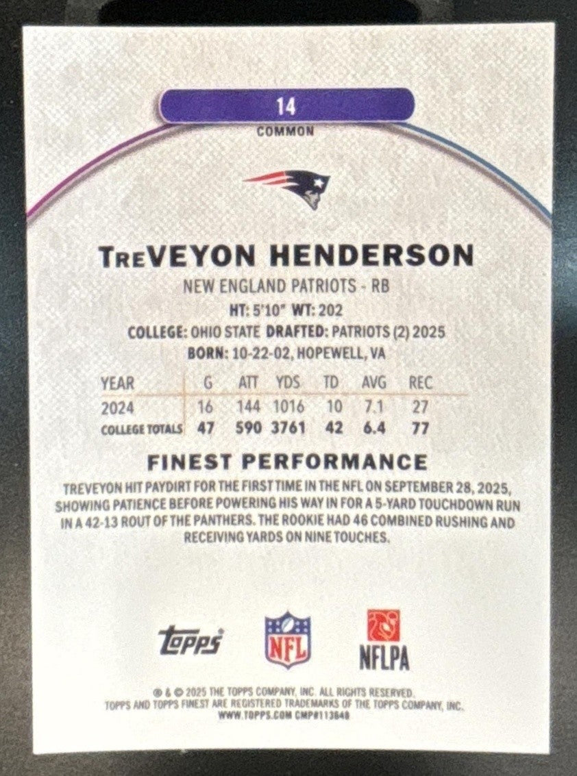 2025 Topps Finest TreVeyon Henderson Purple Geometric /150 #14 RC Patriots - Sports Cards