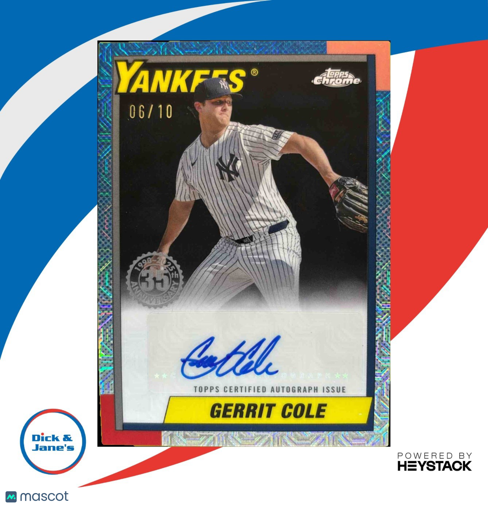2025 Topps Gerrit Cole 1990 Chrome Silver Pack Auto Black Refractor 6/10 Yankees - Sports Cards