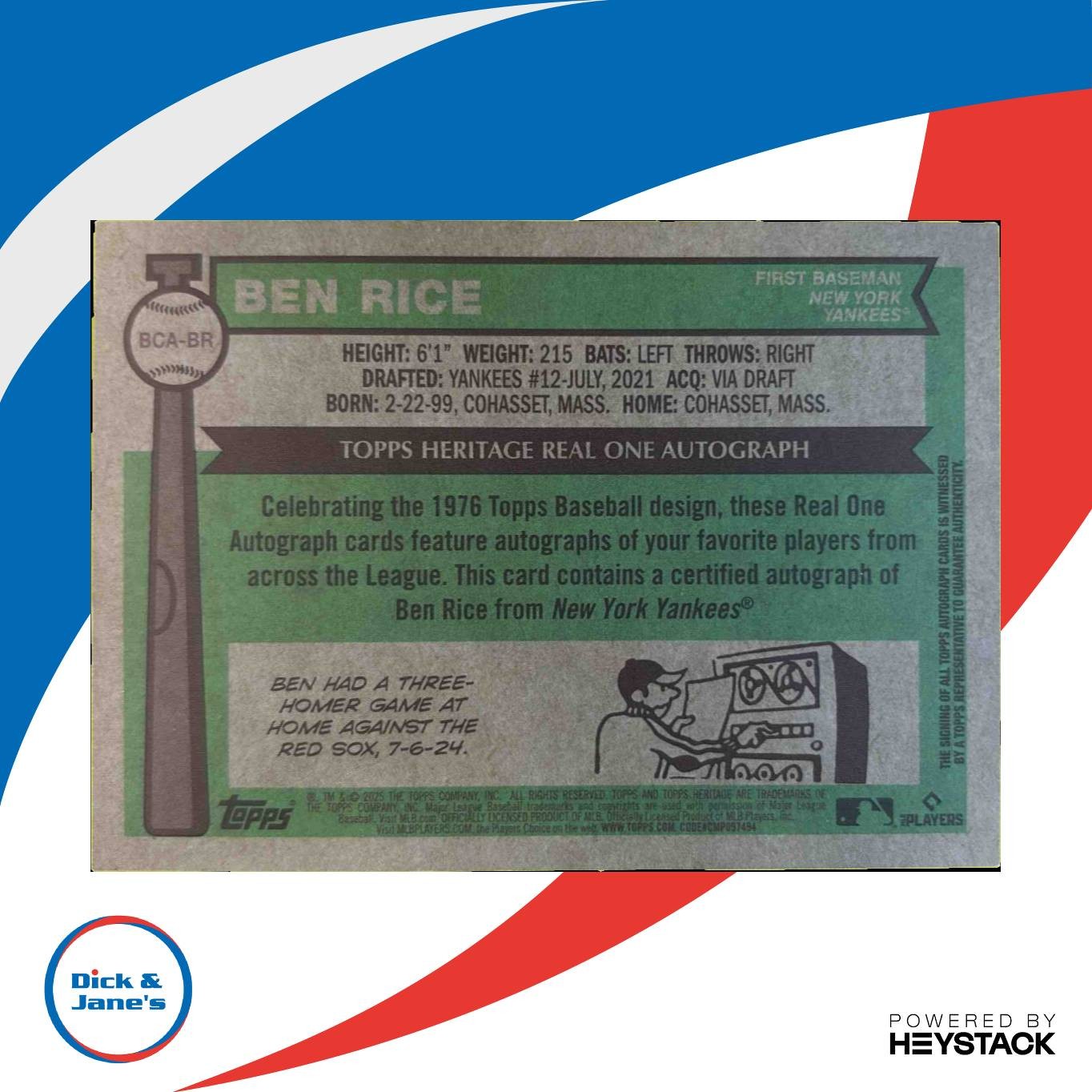 2025 Topps Heritage Ben Rice Chrome Auto Gold Refractor 9/50 New York Yankees Sports Cards
