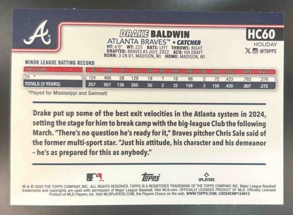 2025 Topps Holiday Drake Baldwin Chrome Refractor /499 #HC60 RC Atlanta Braves - Sports Cards