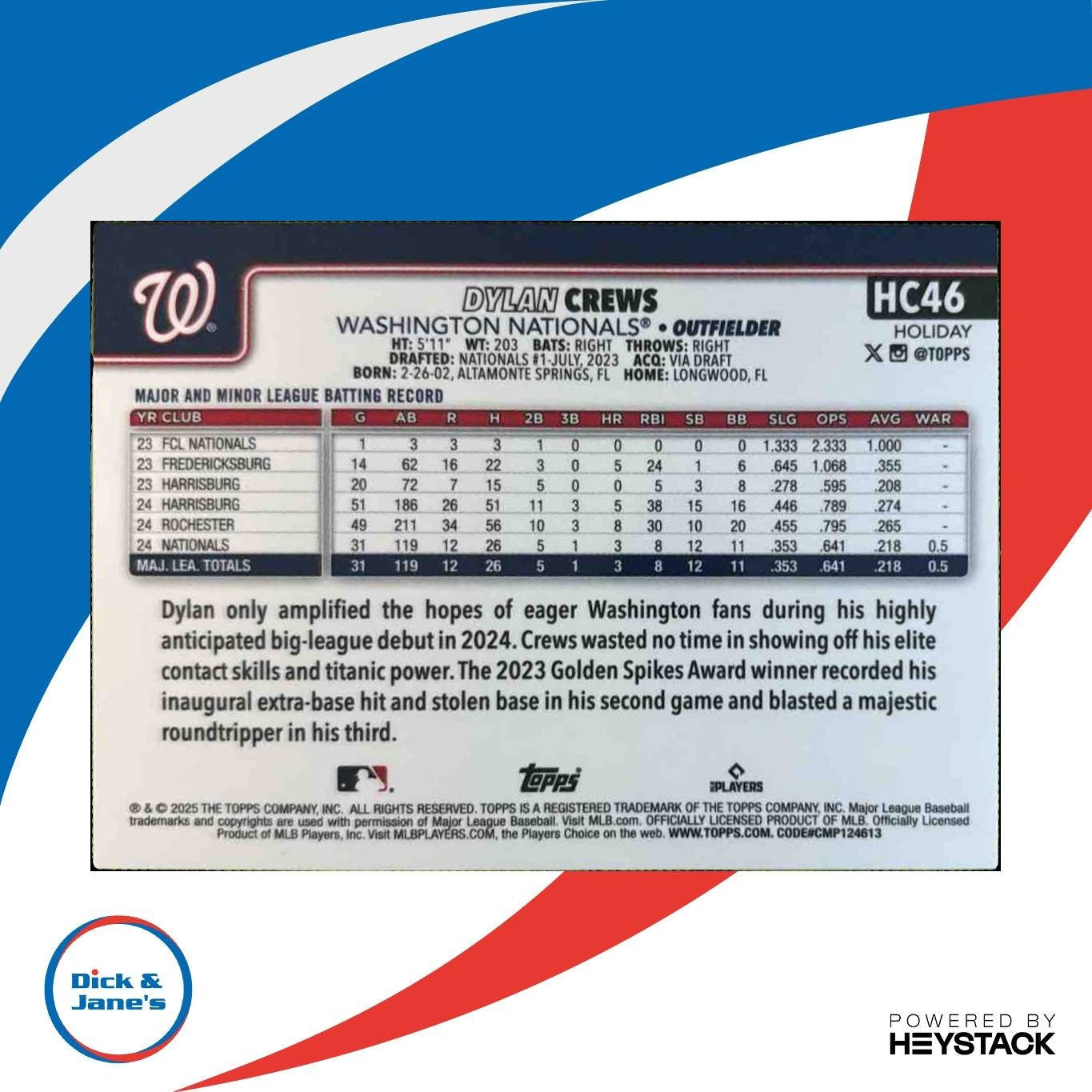 2025 Topps Holiday Dylan Crews Chrome Refractor /499 #HC46 RC Nationals - Sports Cards