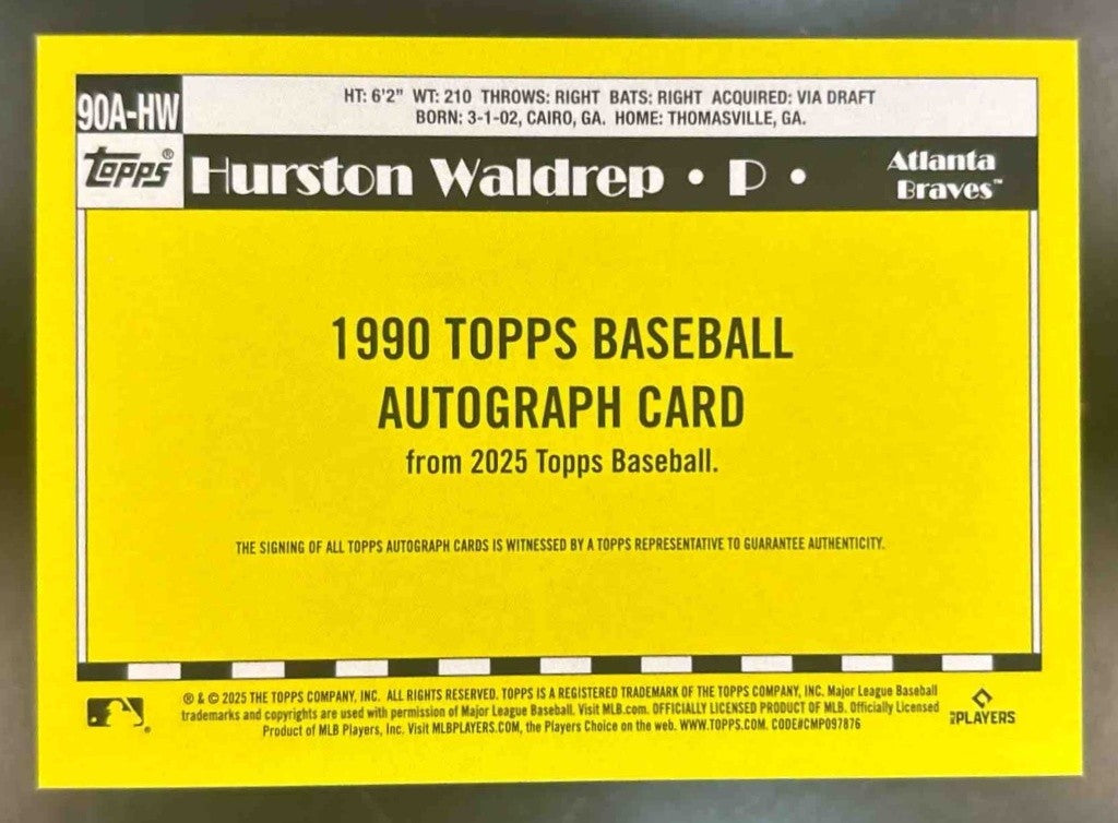 2025 Topps Hurston Waldrep 1990 Baseball Auto Series 1 #90A-HW RC Atlanta Braves - Sports Cards